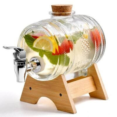 5 LTR Water Dispenser with Tap Stand Leak Proof Beverage Dispenser with Wooden Caps Drink Dispenser Glass Bottles for Office Camping Juice Drinks Container Barrel Dispenser 5 LTR, 1 PCS